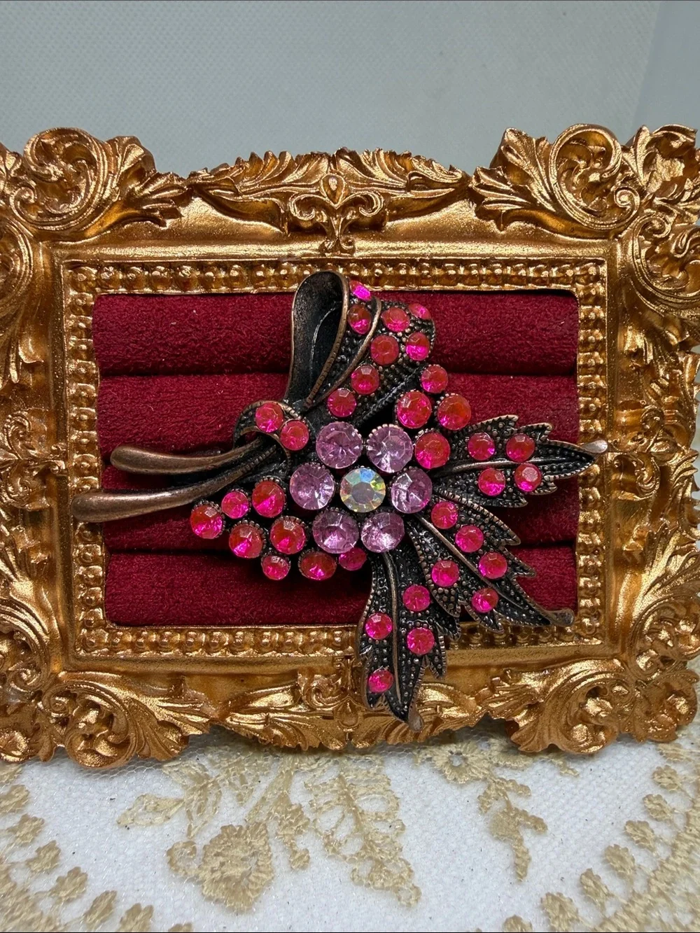 Vintage 90s Brass Brooch Hot Pink Rhinestones – Victorian Revival Statement Pink